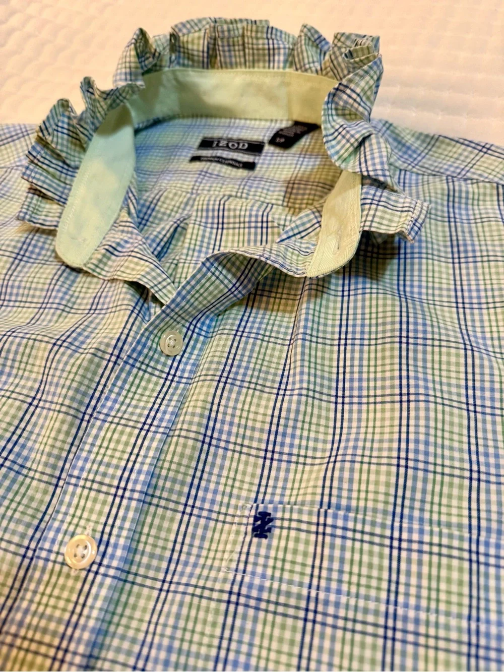 Upcycled Men's Izod Ruffled Collar Button-Up Shirt in Light Blue Plaid - Picture 6 of 8